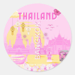 Bangkok Thailand Travel Poster Pink Retro Art Classic Round Sticker