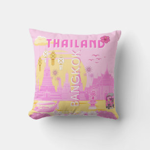 Bangkok Thailand Travel Poster Pink Retro Art Cushion