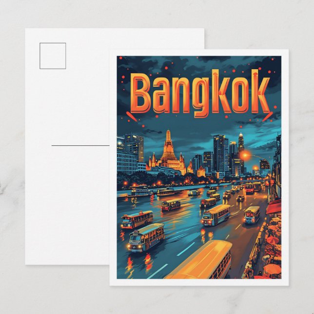 Bangkok Thailand Vintage Art Travel Illustration Postcard (Front/Back)