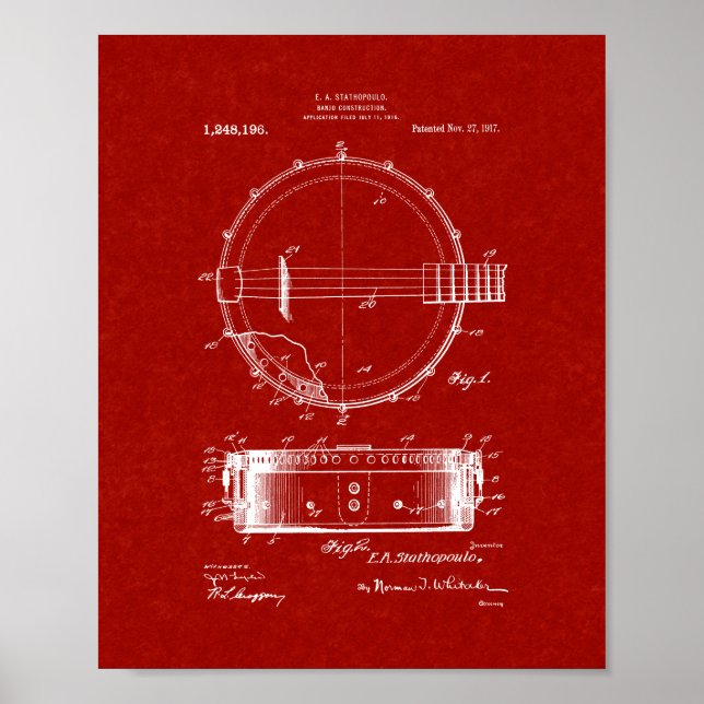 Banjo Construction Patent - Burgundy Red Poster (Front)