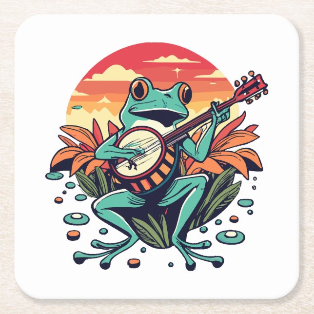 Banjo Frog Square Paper Coaster (Front)