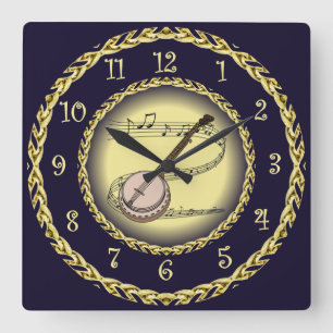Banjo ~ Musical Scroll ~ Gold/Navy Blue ~ Square Wall Clock