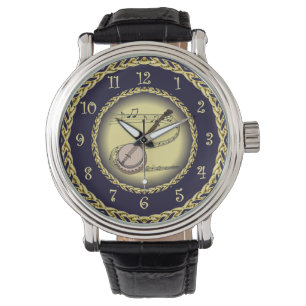 Banjo ~ Musical Scroll ~ Gold/Navy Blue ~  Watch