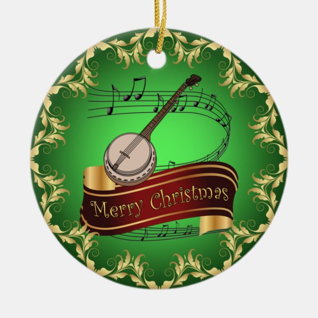 Banjo ~ Musical Scroll ~ Merry Christmas ~ * ~  Ceramic Ornament (Front)