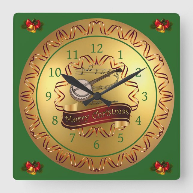 Banjo ~ Musical Scroll ~ “Merry Christmas”  Square Wall Clock (Front)