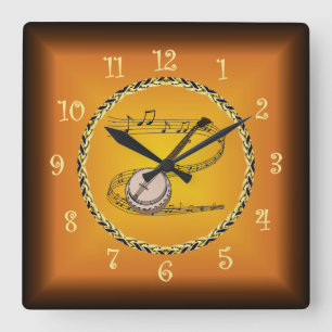Banjo On Musical Scroll & Russet Orange ~  Square Wall Clock