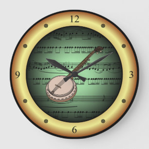 Banjo on Sheet Music ~ Green on Gold Background ~  Large Clock
