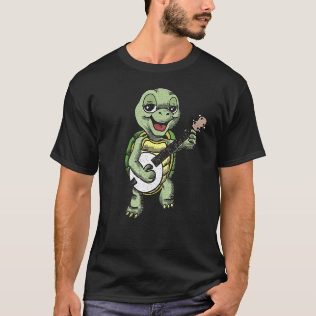 Banjo Picking Turtle Cute Terrapin Music Graphic 1 T-Shirt (Front)