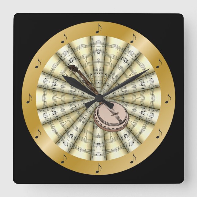 Banjo~ Rolled Sheet Music ~ Black or Any Colour ~ Square Wall Clock (Front)