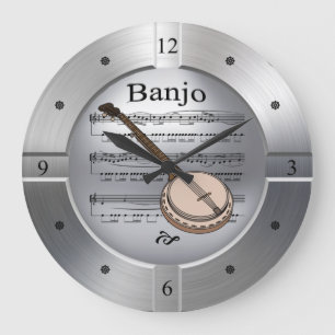 Banjo ~ Sheet Music ~ Brushed Silver Colour ~ Large Clock
