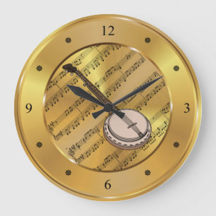 Banjo ~ Sheet Music ~ Gold Background ~ Unique Large Clock