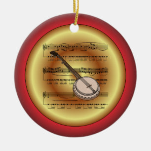 Banjo ~ Sheet Music ~ Red/Green/Gold ~ Christmas ~ Ceramic Ornament