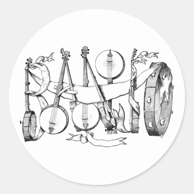 banjo spelled with banjos illustration art  classic round sticker (Front)