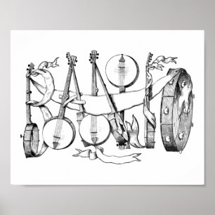banjo spelled with banjos illustration art  poster