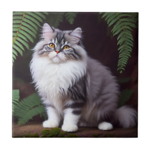 Banjo the Persian: A Fluffy Grey and White Delight Ceramic Tile