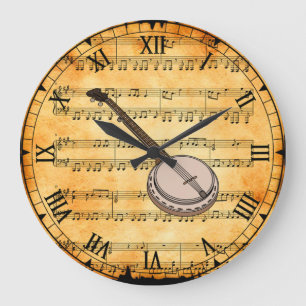Banjo ~ Vintage Sheet Music Background ~ Unique ~ Large Clock