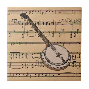 Banjo With Sheet Music Background Ceramic Tile