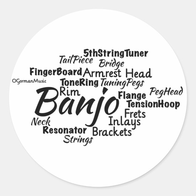 Banjo Word Cloud Black Text Classic Round Sticker (Front)