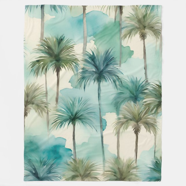 Banket Tropical Beachy Coastal Blue Palm Trees Fleece Blanket (Front)