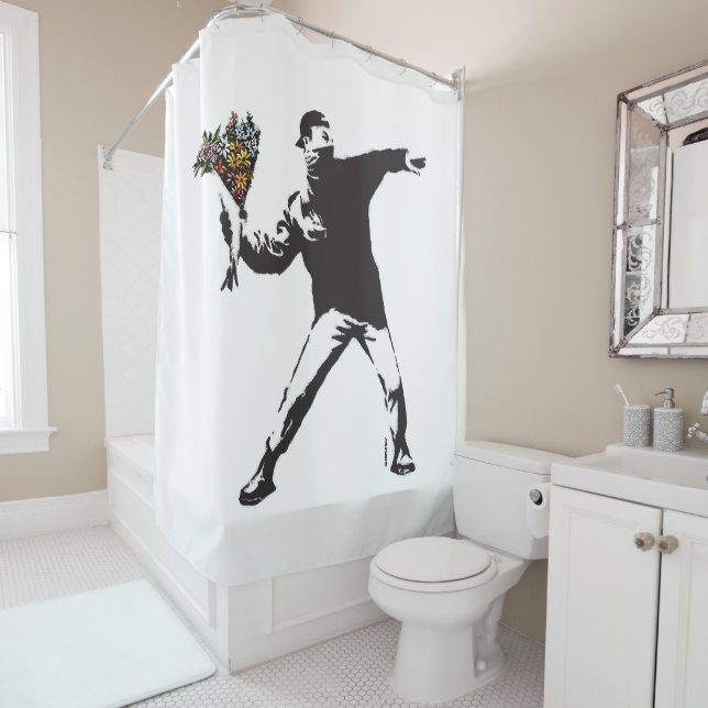 Banksy Love is in the air Flower throwing halftone Shower Curtain (In Situ)