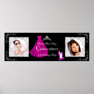 Banner Add Photos Quinceanera Party Pink Black Poster