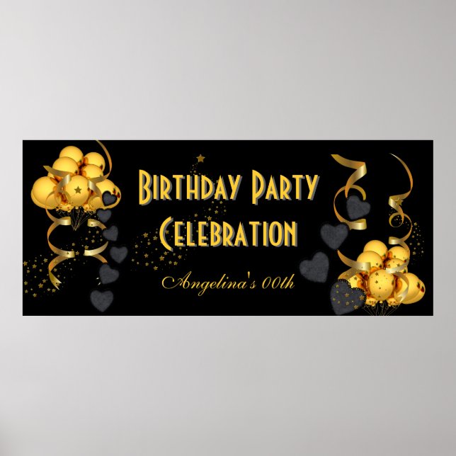 Banner Birthday Party Celebration Black Gold Poster (Front)