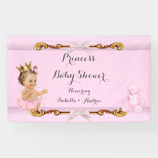Banner Brunette Princess Baby Shower Pink Gold (Horizontal)