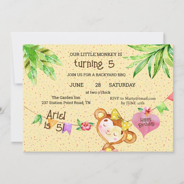 Banner Girl Monkey Turning 5 Birthday Party Invitation (Front)