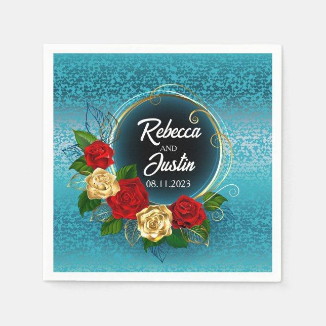 Banner Gold Roses Floral Modern Boho Napkin (Front)