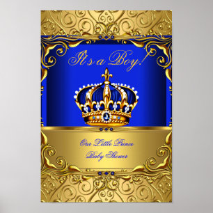 Banner Prince Boy Baby Shower Blue Gold Crown Poster