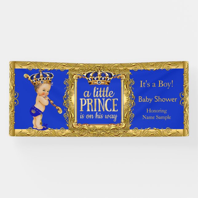 Banner Prince is on his way Blue Gold Brunette Boy (Horizontal)