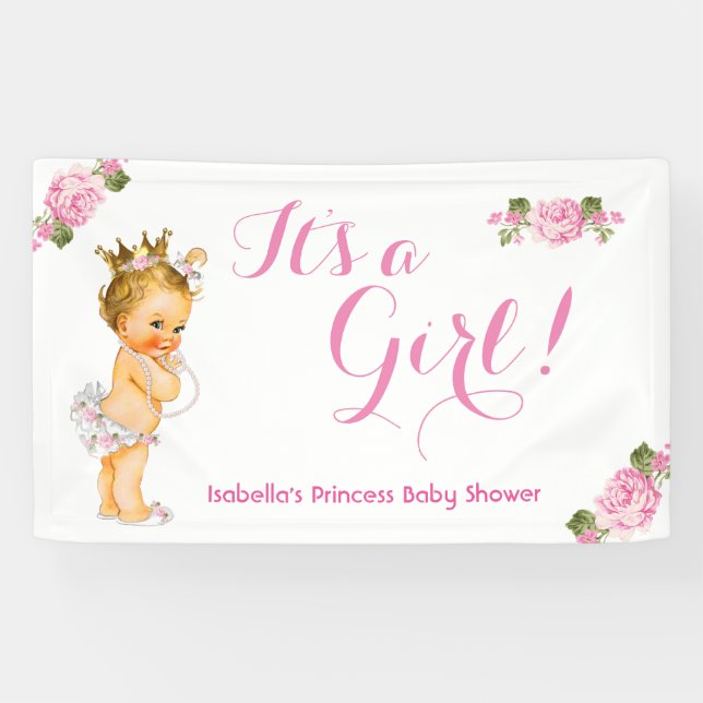Banner Princess Baby Shower Pink Floral Blonde (Horizontal)