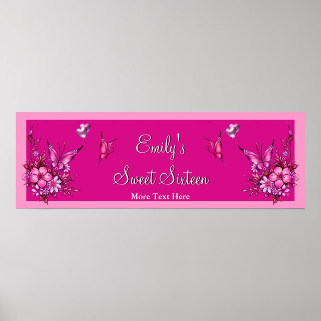 Banner Sweet 16 Pink Flowers Butterfly Birthday Poster (Front)