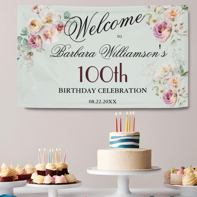 Banner Watercolor Floral 100th Birthday Welcome  (Creator Uploaded)