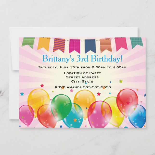 Banners and Balloons Pink Birthday Party Invitation (Front)