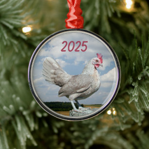 Bantam Hen on Fencepost, Farm Field, Cloudy Sky Metal Ornament