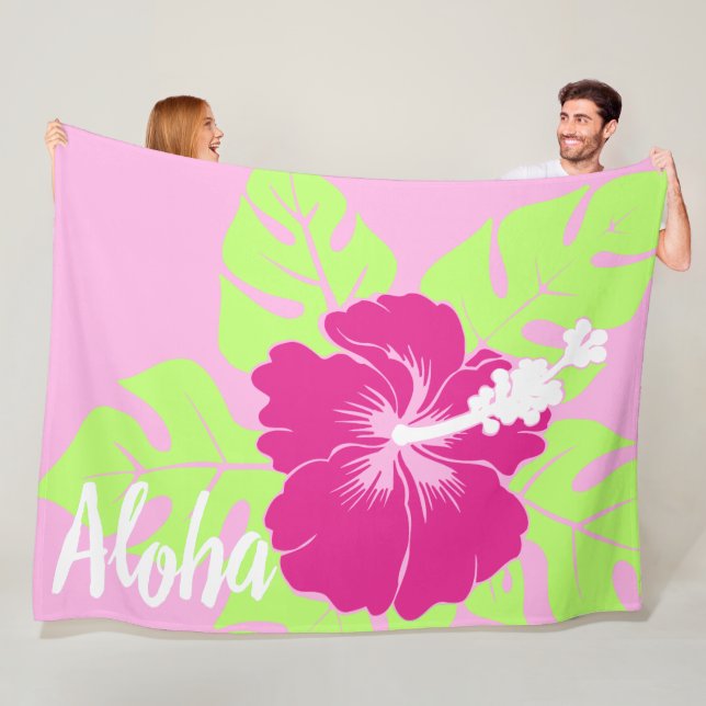 Banzai Beach Hawaiian Hibiscus Floral Aloha - Pink Fleece Blanket (In Situ)