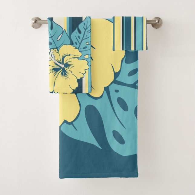 Banzai Beach Hawaiian Hibiscus Floral and Stripe Bath Towel Set (Insitu)