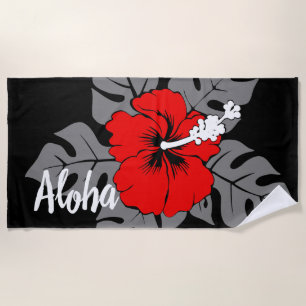 Banzai Beach Hawaiian Hibiscus Floral - Black Towel