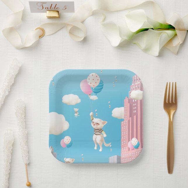 Bao Bao: Skyward Bound Kittens Balloon Fantasy Paper Plate (Wedding)