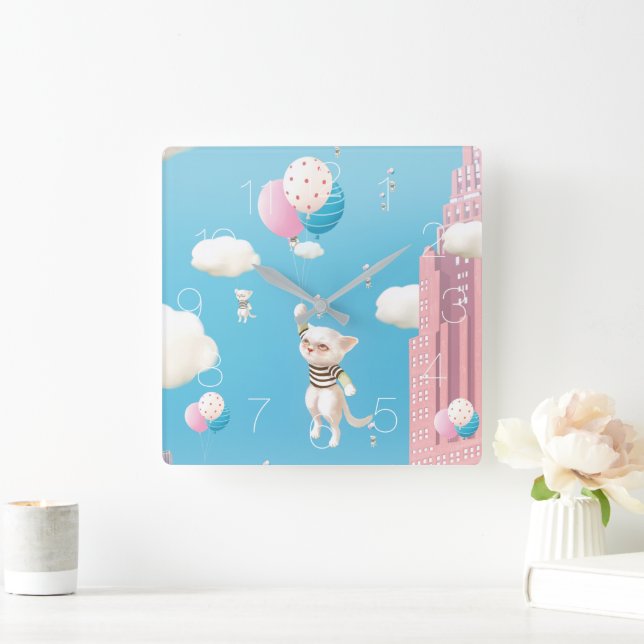 Bao Bao: Skyward Bound Kittens Balloon Fantasy Square Wall Clock (Home)
