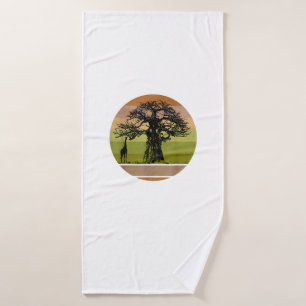 Baobab Tree and Giraffe Retro African Sunset Bath Towel