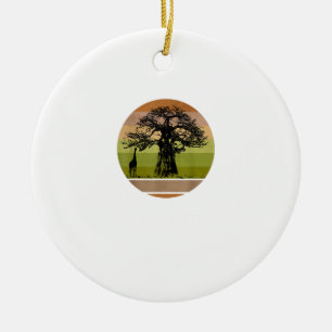 Baobab Tree and Giraffe Retro African Sunset Ceramic Ornament