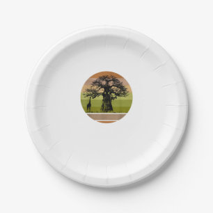 Baobab Tree and Giraffe Retro African Sunset Paper Plate