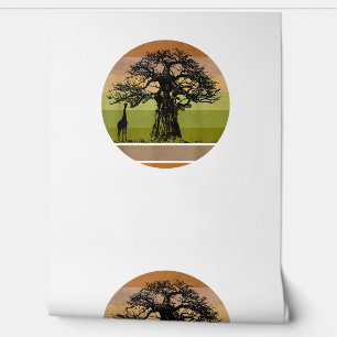 Baobab Tree and Giraffe Retro African Sunset Wallpaper