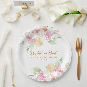 Baptised in Christ Pink Floral Custom Baptism Paper Plate