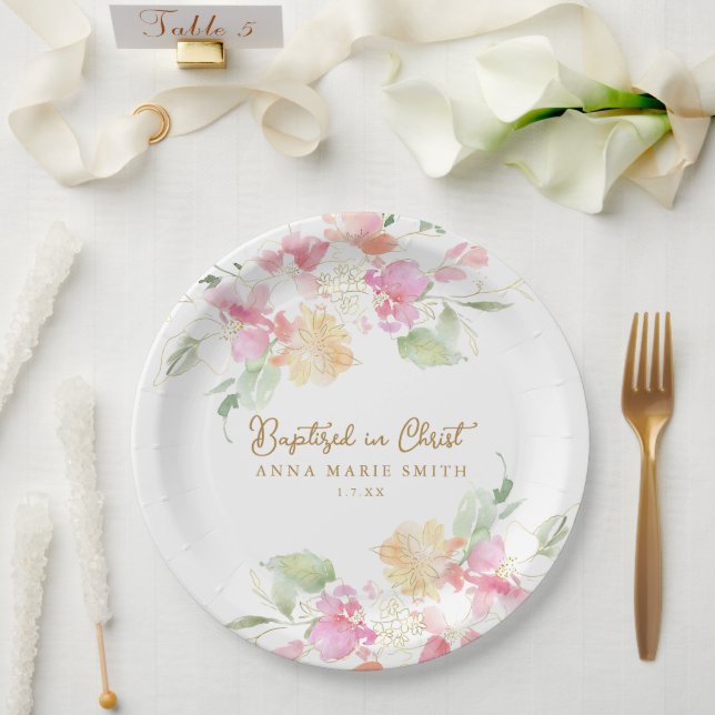 Baptised in Christ Pink Floral Custom Baptism Paper Plate (Wedding)