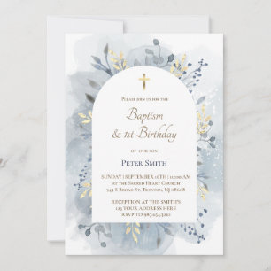 Baptism & 1st Birthday blue watercolor foliage Invitation