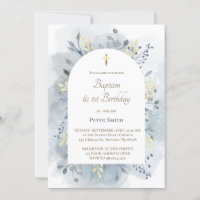 Baptism & 1st Birthday blue watercolor foliage 