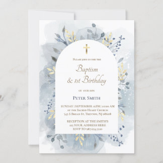 Baptism & 1st Birthday blue watercolor foliage Invitation